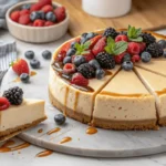 A stunning cheesecake with fresh berries and caramel drizzle, surrounded by baking ingredients on a wooden table.