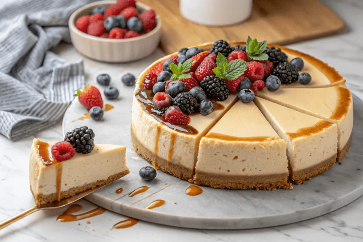 A stunning cheesecake with fresh berries and caramel drizzle, surrounded by baking ingredients on a wooden table.