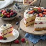 A stunning berry layer cake on a wooden platter, topped with whipped cream, strawberries, blueberries, and raspberries, with a slice cut to reveal moist layers.