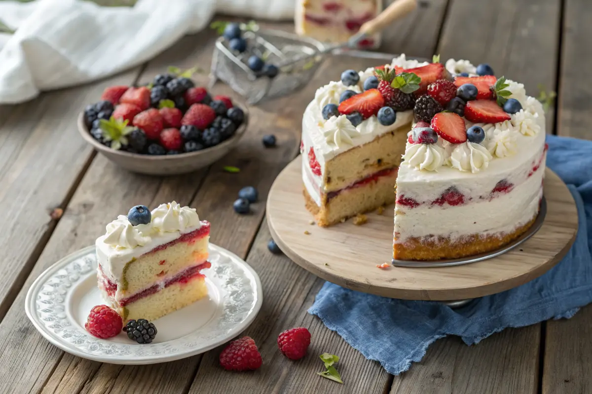 A stunning berry layer cake on a wooden platter, topped with whipped cream, strawberries, blueberries, and raspberries, with a slice cut to reveal moist layers.