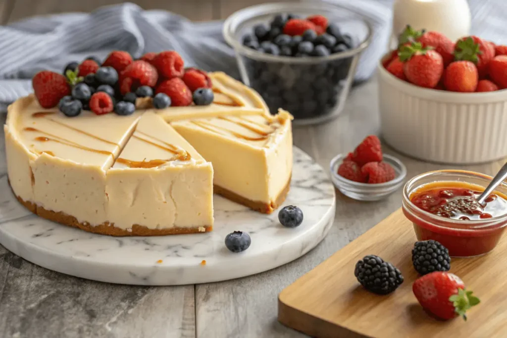 A golden-baked cheesecake with a graham cracker crust, topped with fresh berries and caramel drizzle, sitting on a marble platter with a slice removed.