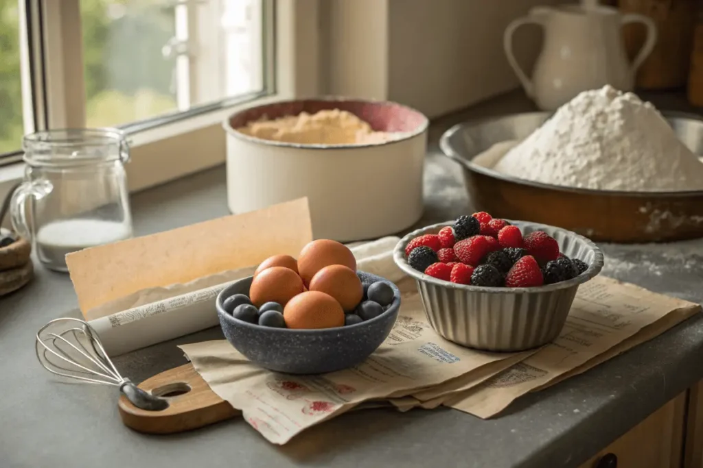 A cozy kitchen with baking ingredients like flour, sugar, eggs, and fresh berries arranged on a countertop