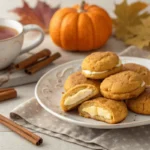 A plate of pumpkin cheesecake cookies with a creamy filling, surrounded by autumn decor.