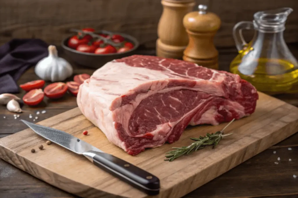 "A beautifully seasoned raw rib eye roast with butter, garlic, and herbs, resting on a rack in a roasting pan