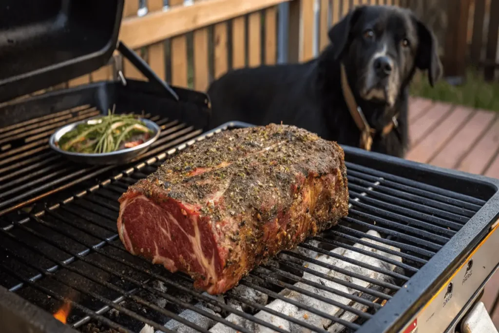 A beautifully seasoned raw rib eye roast with butter, garlic, and herbs, resting on a rack in a roasting pan."