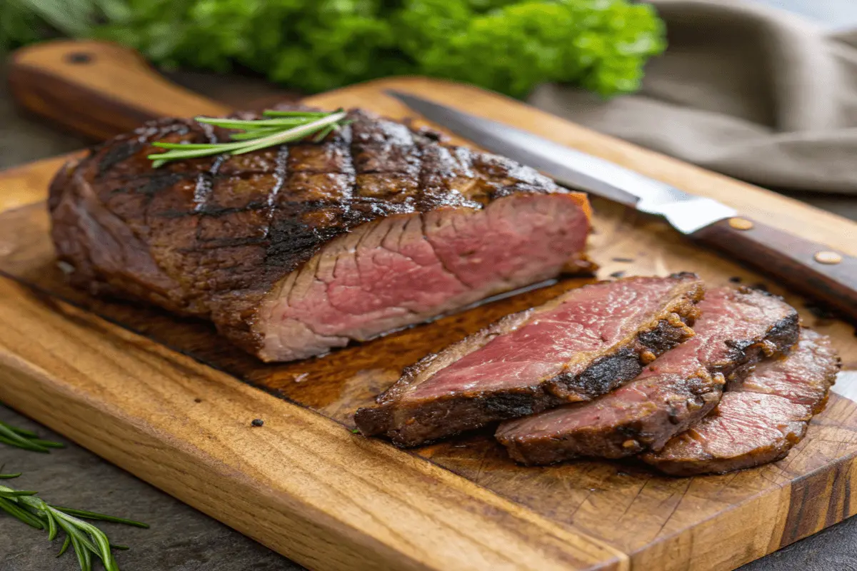 A golden-brown, seared rib eye roast in the oven, surrounded by garlic and rosemary, showing the initial high-heat sear