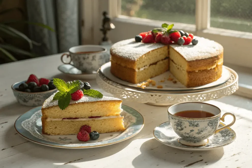 Sliced Victoria cake on vintage plates, garnished with berries and served with tea.