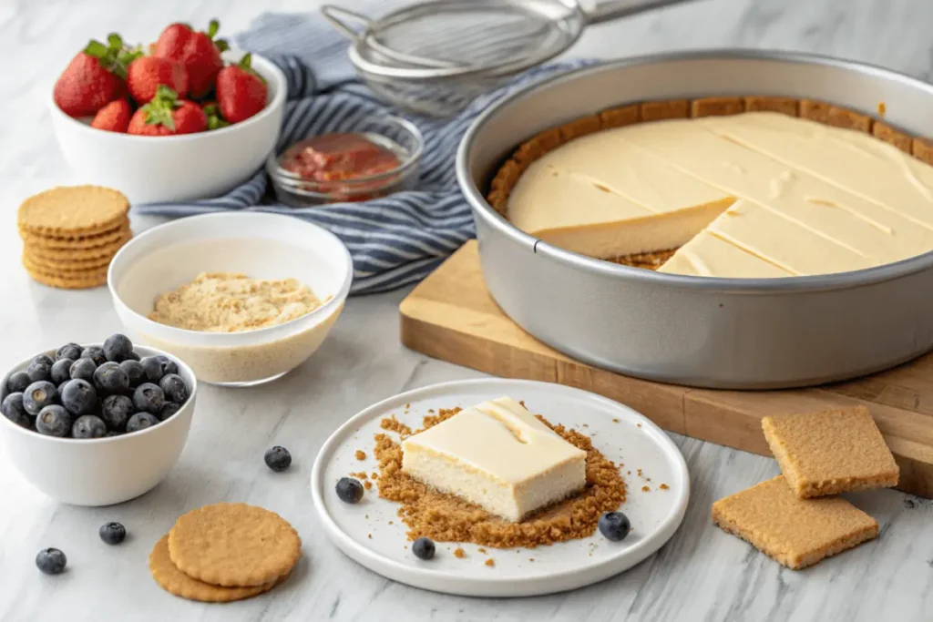 Step-by-step stages of baking a cheesecake: preparing the crust, mixing the batter, placing the pan in a water bath, and cooling the dessert in the oven.