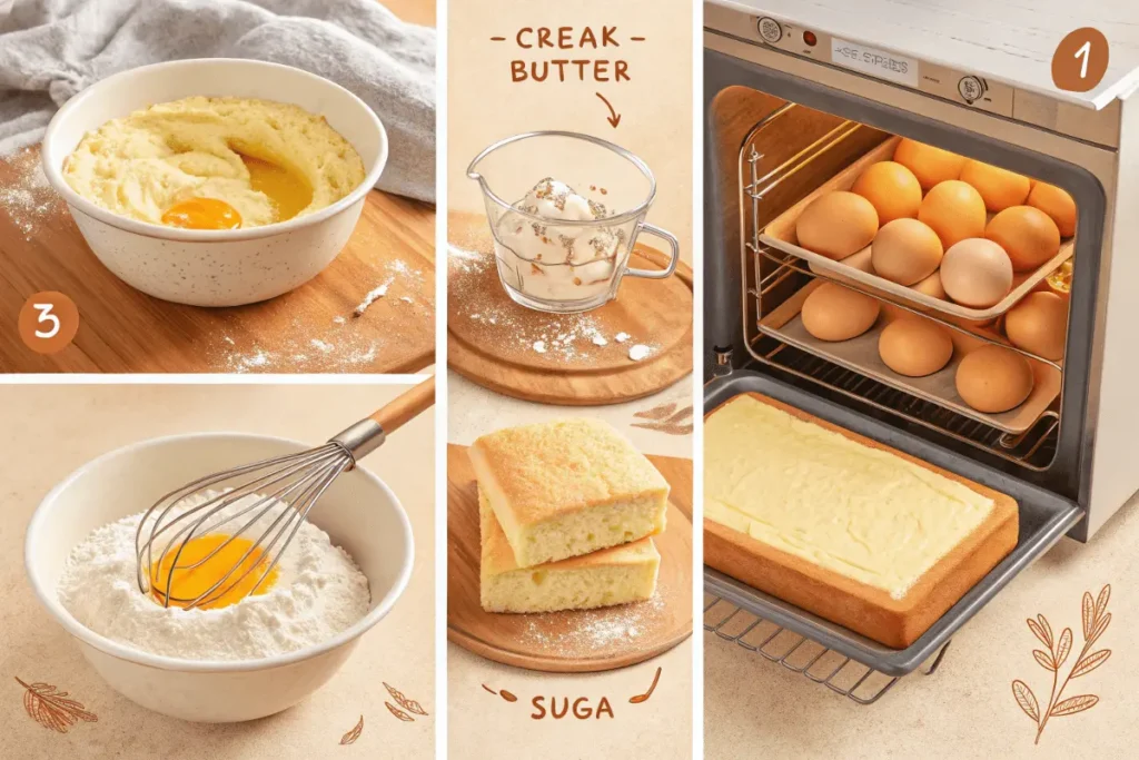 Step-by-step process of making a Victoria sponge cake, showing creamed butter, whisked eggs, and a sponge baking in the oven.