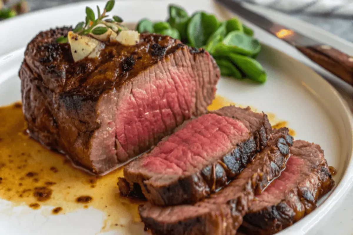 A beautifully cooked, tender beef tenderloin sliced into bite-sized pieces, served with a rich sauce and garnished with herbs.