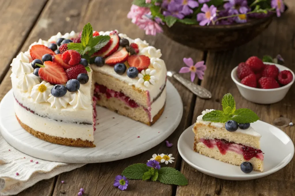 A finished berry cake on a wooden table, topped with whipped cream, strawberries, blueberries, and raspberries, with a slice cut to reveal the layers.