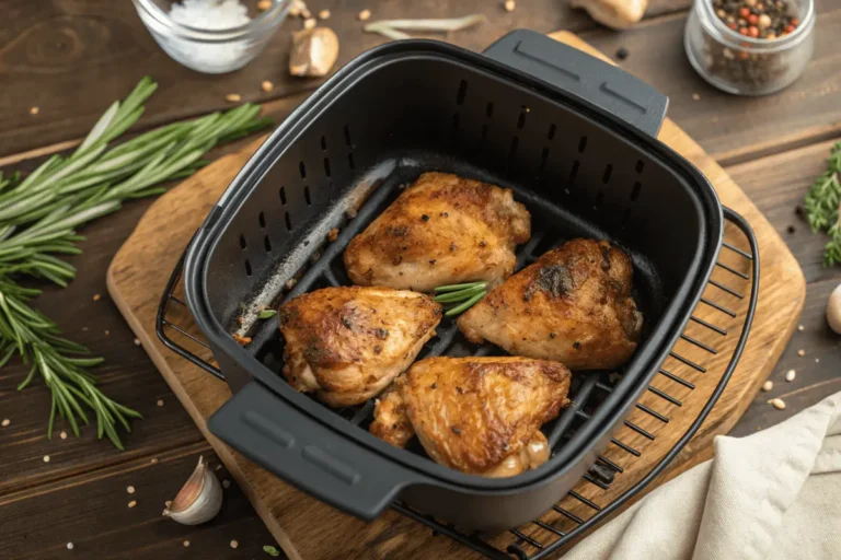Crispy grilled chicken in air fryer basket on wooden counter