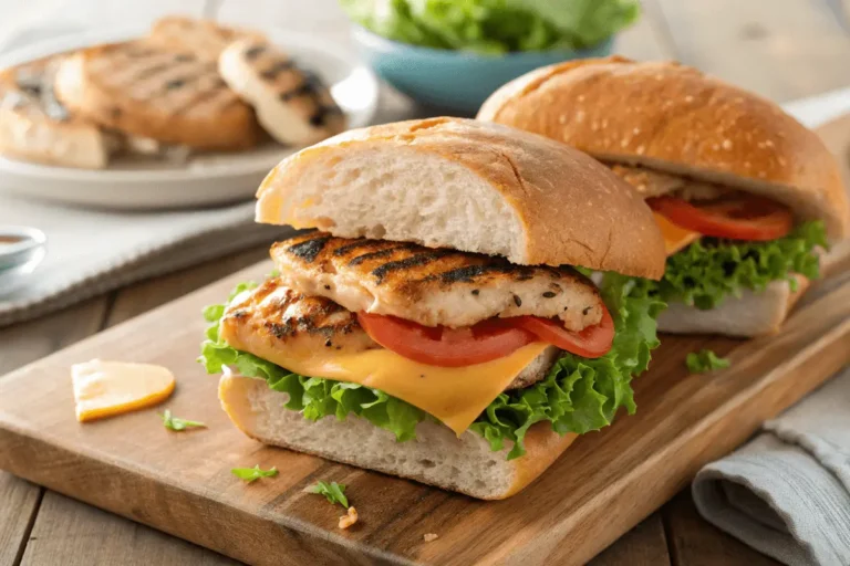 Easy grilled chicken sandwich sliced in half on a wooden board