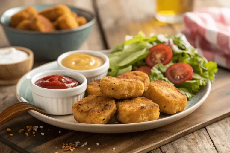 Grilled chicken nuggets served with sauces and salad on a rustic table