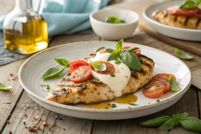 Grilled Chicken Margherita on rustic plate with basil and tomatoes
