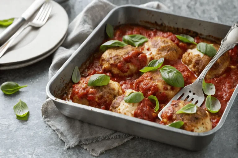 Grilled chicken parmigiana with melted cheese and basil on a plate.