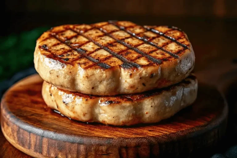 Grilled chicken patties on a wooden board with herbs and spices