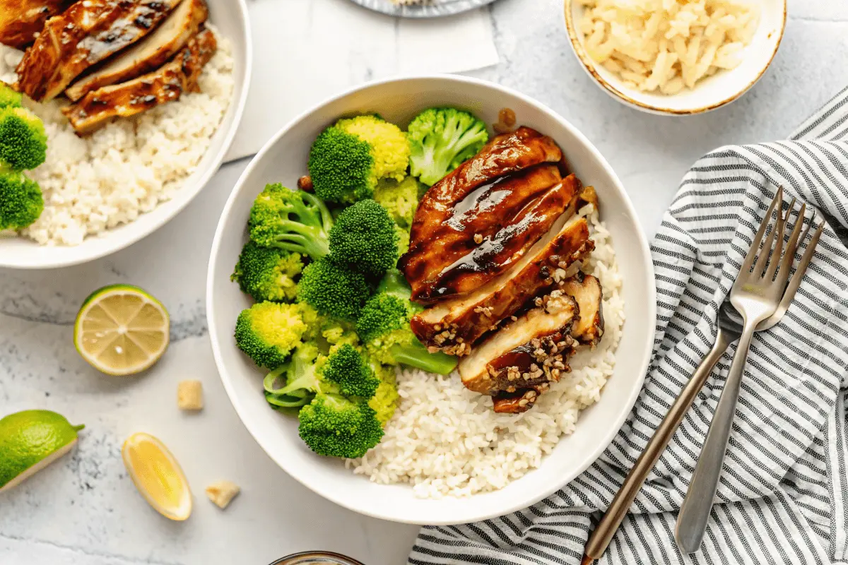 Grilled Teriyaki Chicken glazed with teriyaki sauce and vegetables