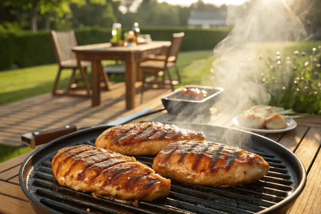 Grilling teriyaki chicken on a hot grill