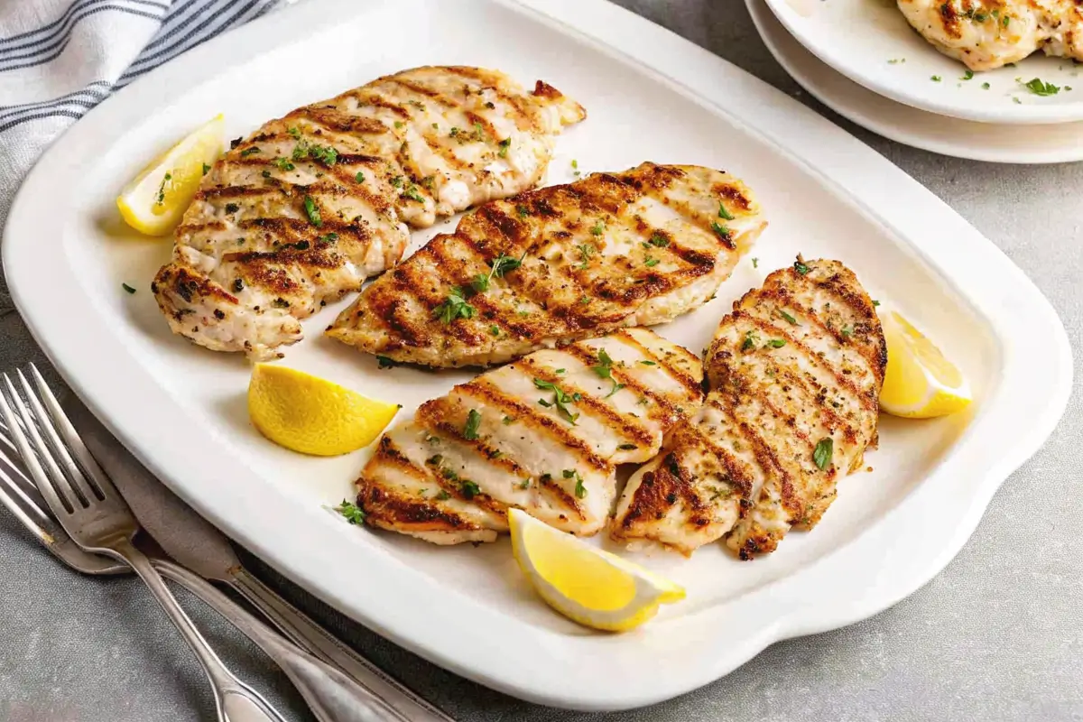 Pellet grilled chicken breast with grill marks and herbs