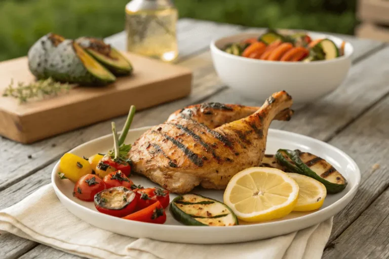 Grilled chicken quarter served with vegetables on rustic table