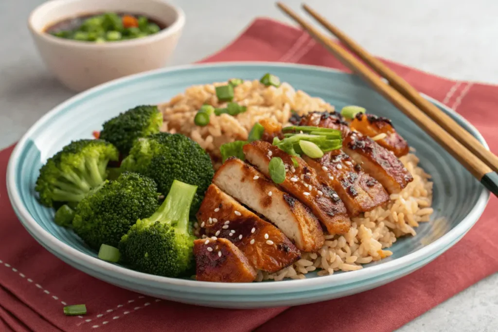 Grilled Teriyaki Chicken with fried rice and broccoli
