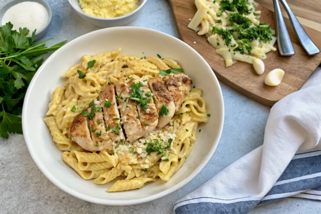Chicken Alfredo being assembled on a plate