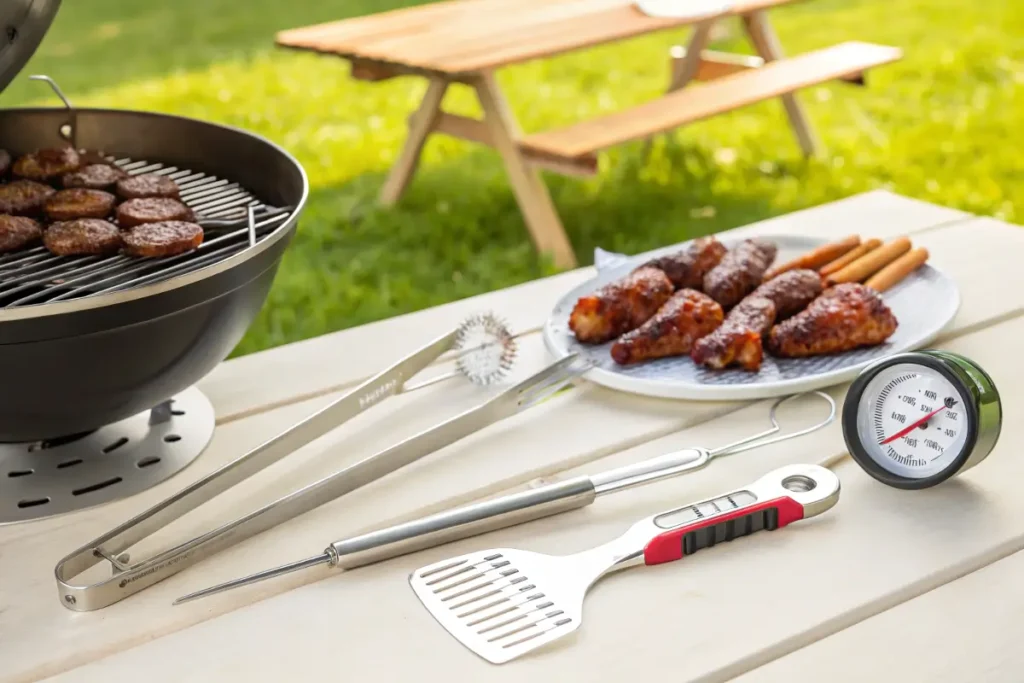 Clean grill setup with tools and chicken drumsticks ready for grilling

