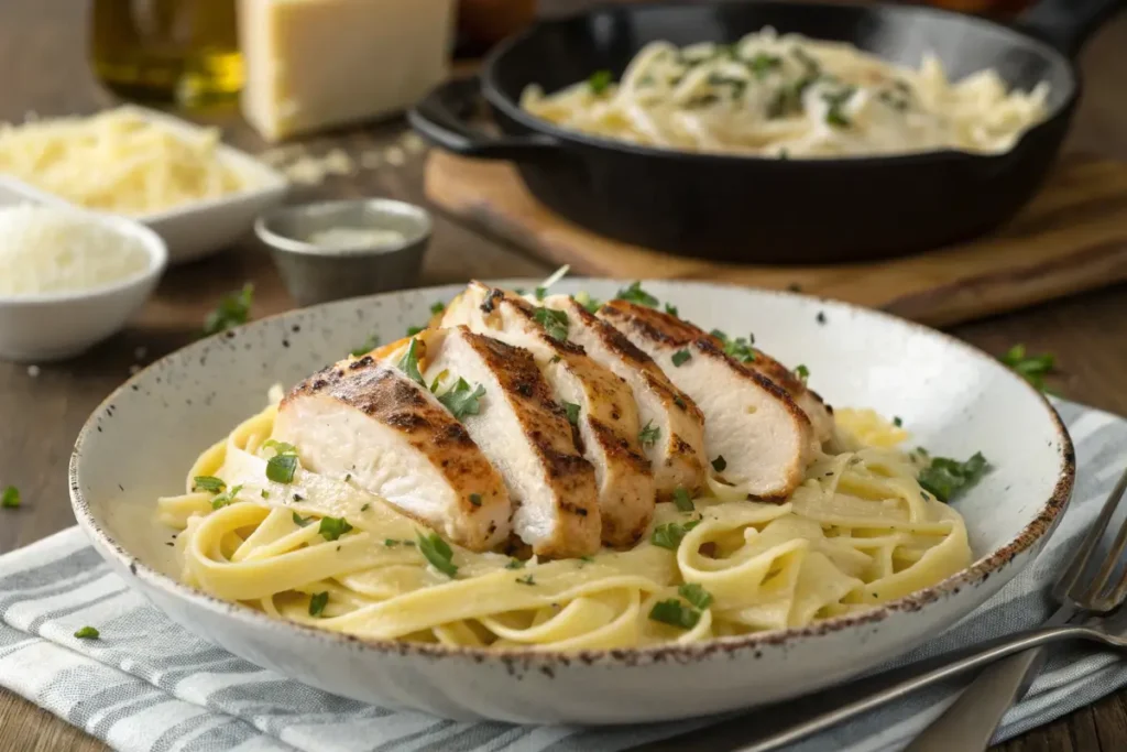Plated grilled chicken Alfredo with creamy sauce and fettuccine, topped with parsley.

