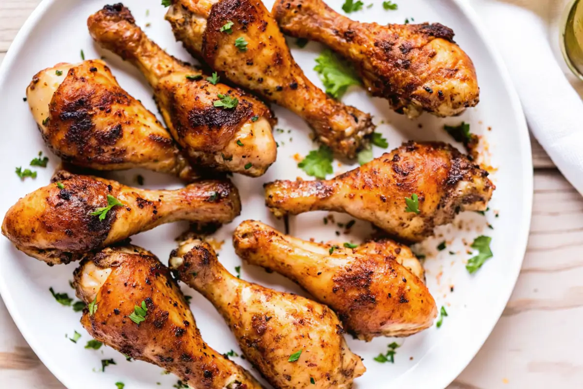 Juicy grilled chicken drumsticks on a summer BBQ grill