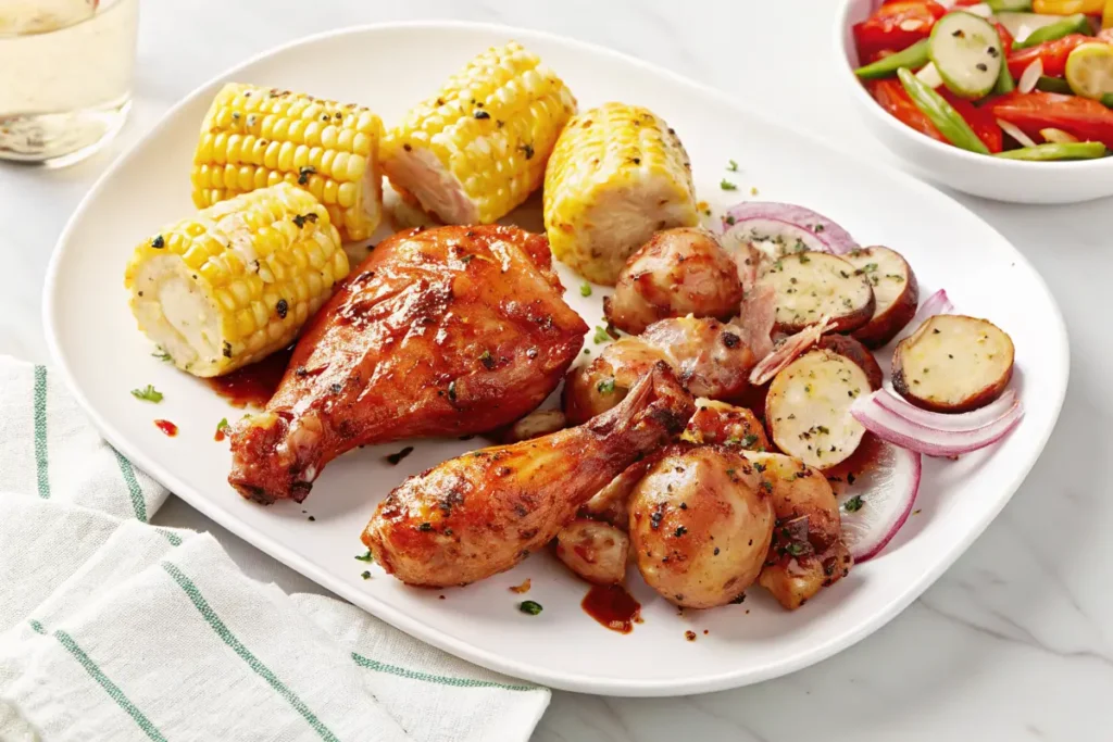 Grilled chicken drumsticks served with classic BBQ sides