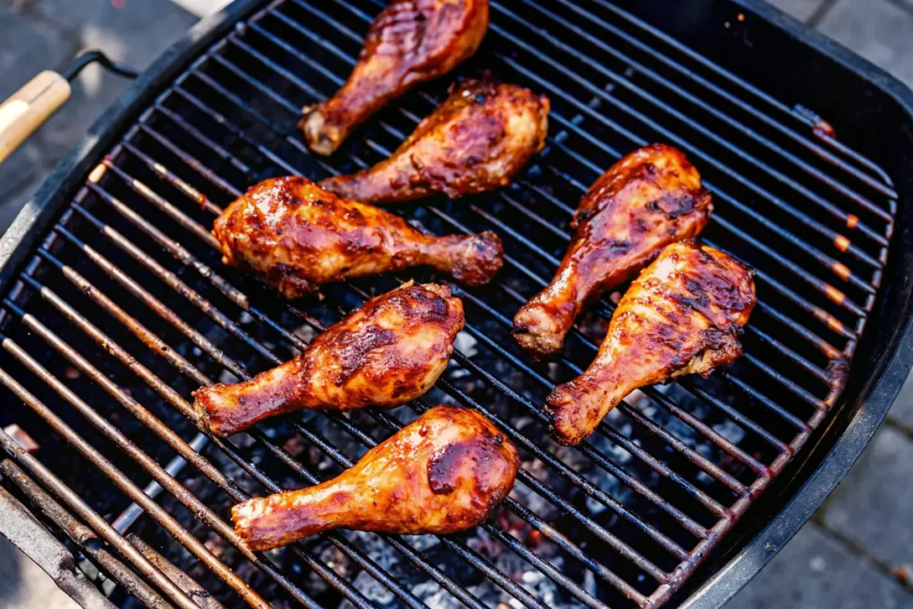 Grilling chicken drumsticks over open flame