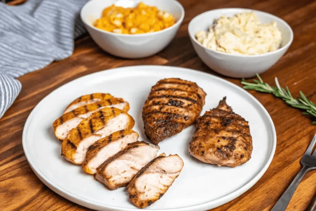 Smoked chicken breast served with vegetables and thermometer showing doneness